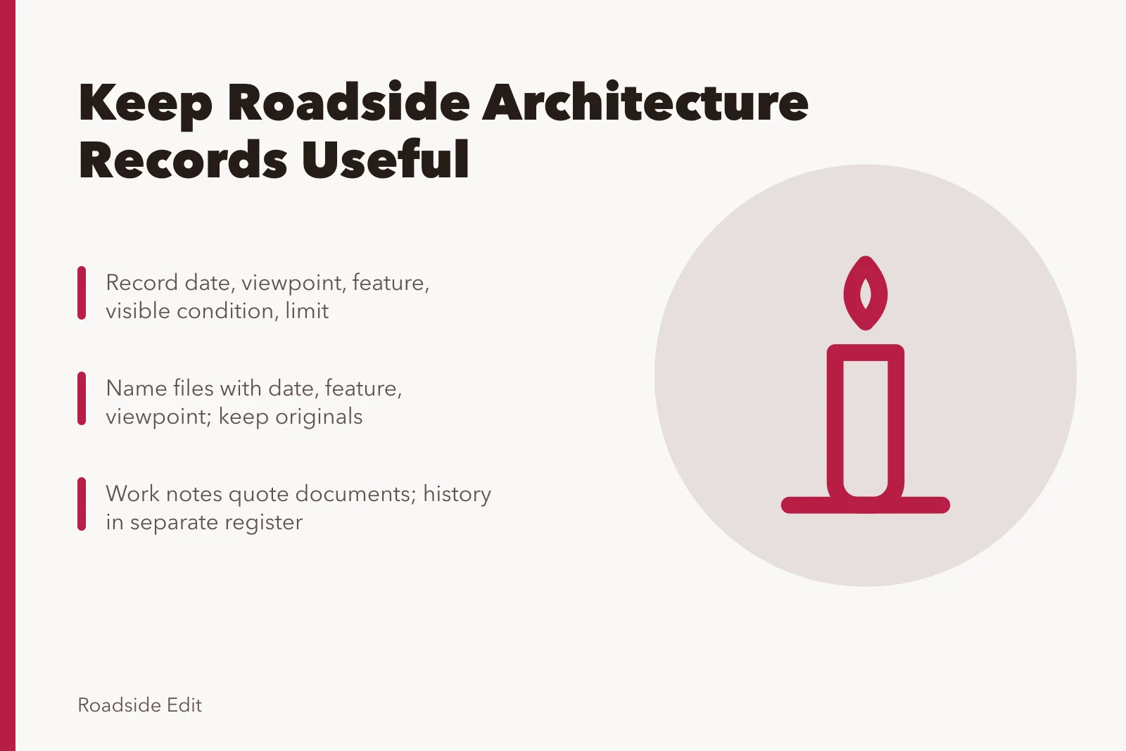 Card listing record types for roadside architecture maintenance documentation. How to keep roadside architecture maintenance records that stay useful