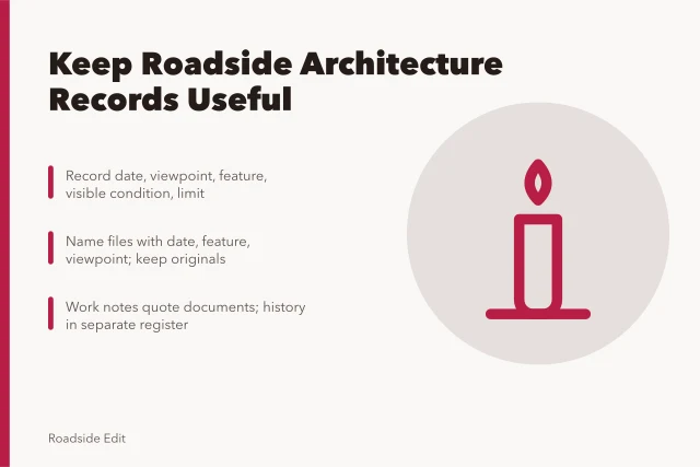 Card listing record types for roadside architecture maintenance documentation. How to keep roadside architecture maintenance records that stay useful