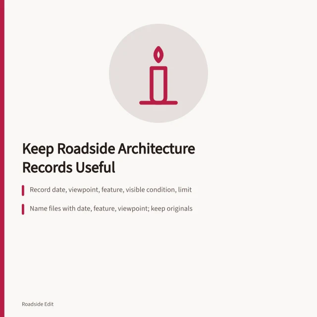 Card listing record types for roadside architecture maintenance documentation. How to keep roadside architecture maintenance records that stay useful