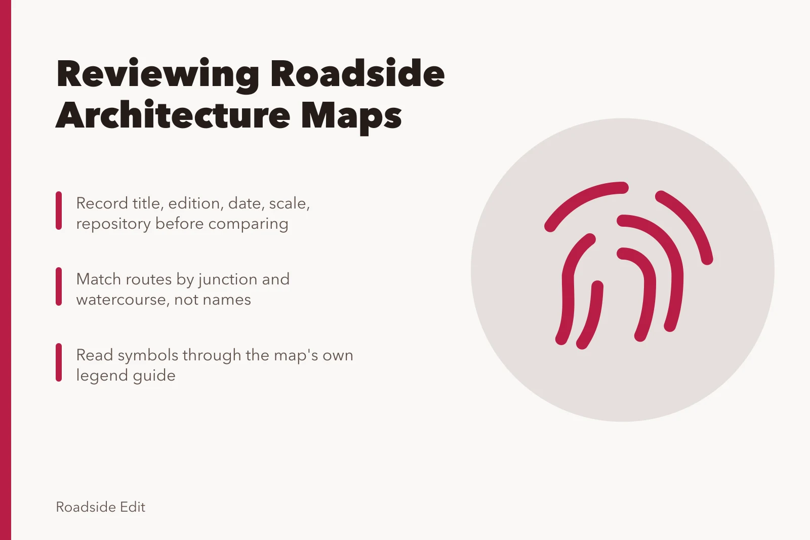 Guide to reviewing roadside architecture maps with symbols and editions. How to review a roadside architecture map before you publish
