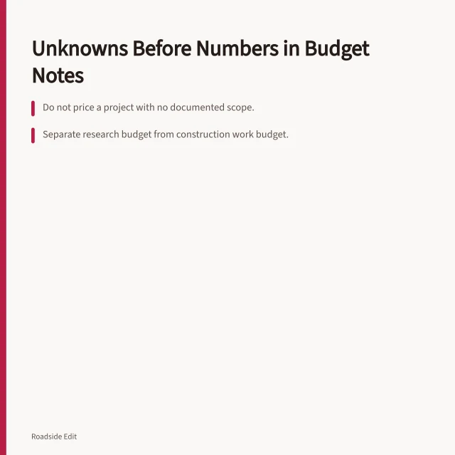 Card about putting unknowns before numbers in roadside project budgets. Roadside architecture mistake budget notes: put unknowns before numbers