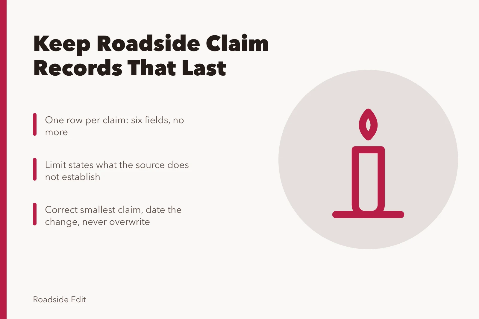 Six-field claim record table for roadside architecture fact-checking. How to keep roadside architecture mistake records that last