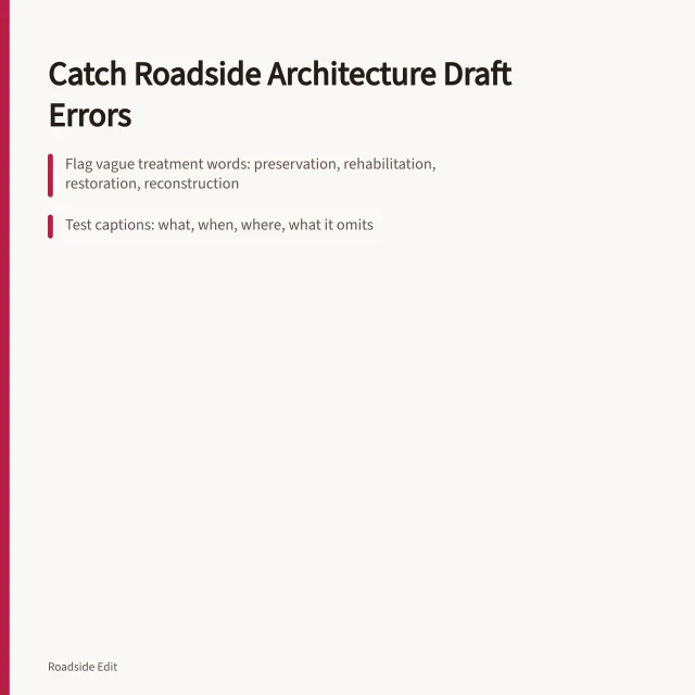 Checklist for catching roadside architecture treatment and caption errors before publishing. Before you publish: how to catch roadside architecture mistake warning signs