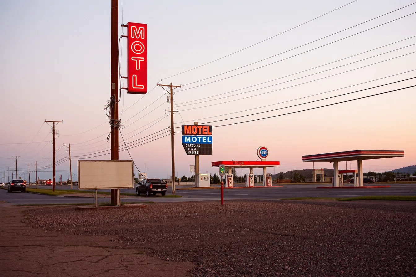 Glowing neon motel sign beside a highway at dusk, gas station beyond. Roadside Architecture Photo Permits: What US Preservationists Must Know