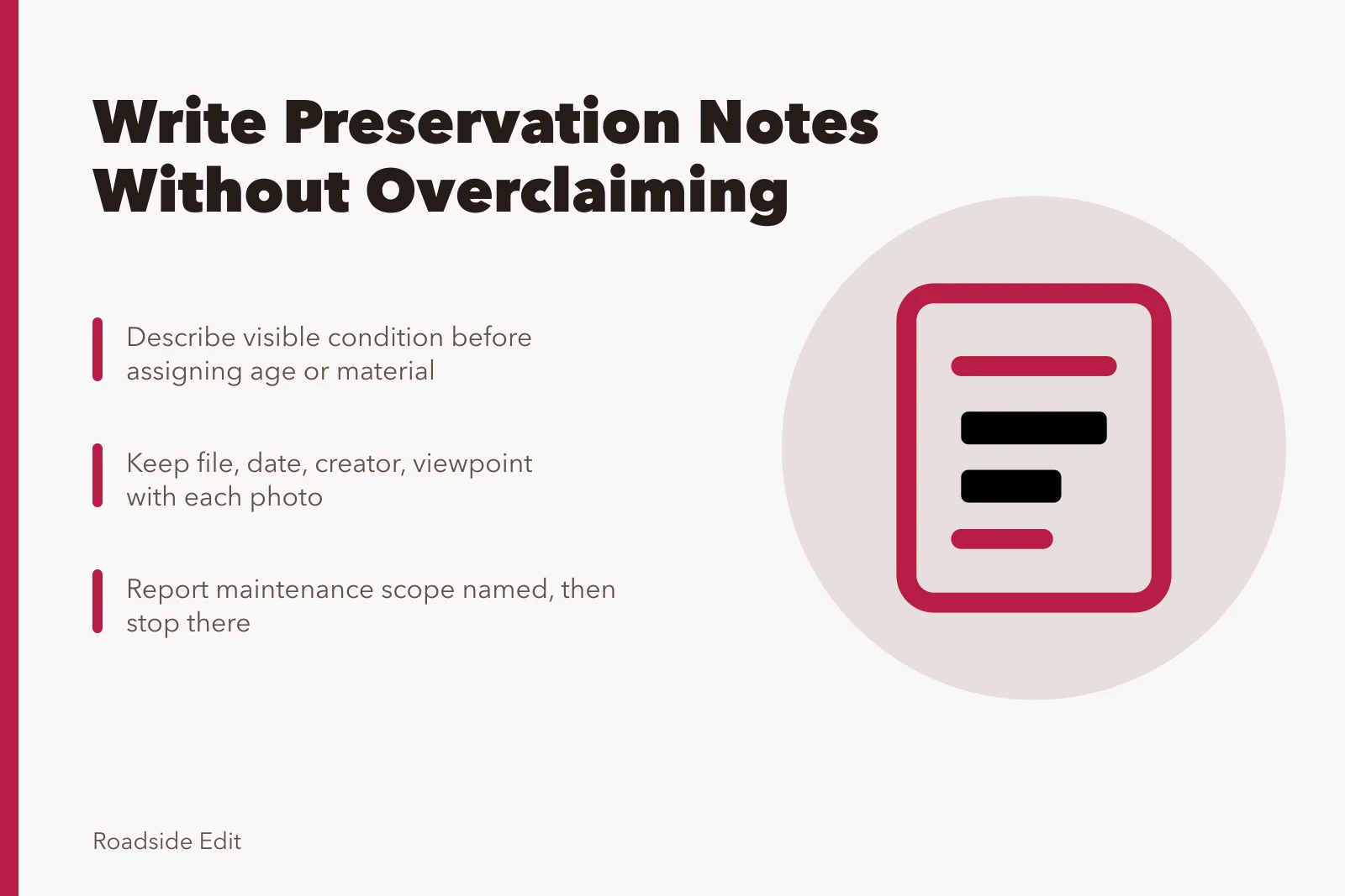 Preservation note-taking guidance for roadside architecture documentation. How to write roadside architecture preservation notes without overclaiming a feature's history