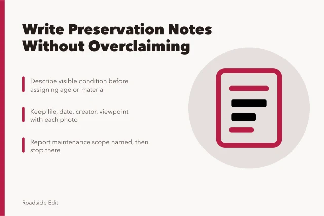 Preservation note-taking guidance for roadside architecture documentation. How to write roadside architecture preservation notes without overclaiming a feature's history
