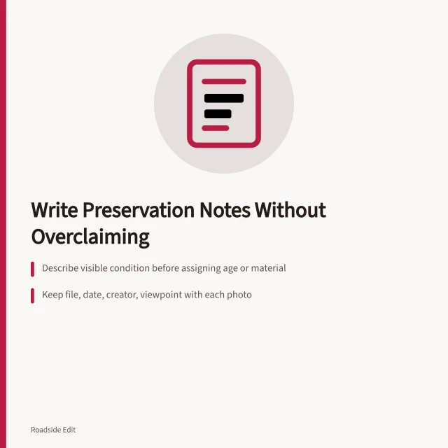 Preservation note-taking guidance for roadside architecture documentation. How to write roadside architecture preservation notes without overclaiming a feature's history