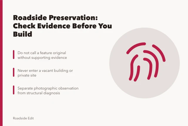 Card listing roadside preservation evidence, safety, and access warnings. Roadside architecture preservation warnings: what to check before your project moves ahead