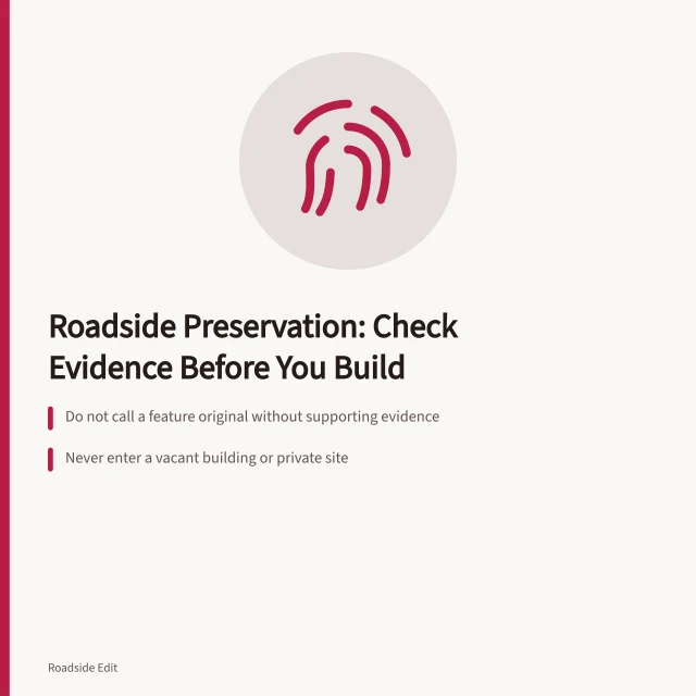 Card listing roadside preservation evidence, safety, and access warnings. Roadside architecture preservation warnings: what to check before your project moves ahead