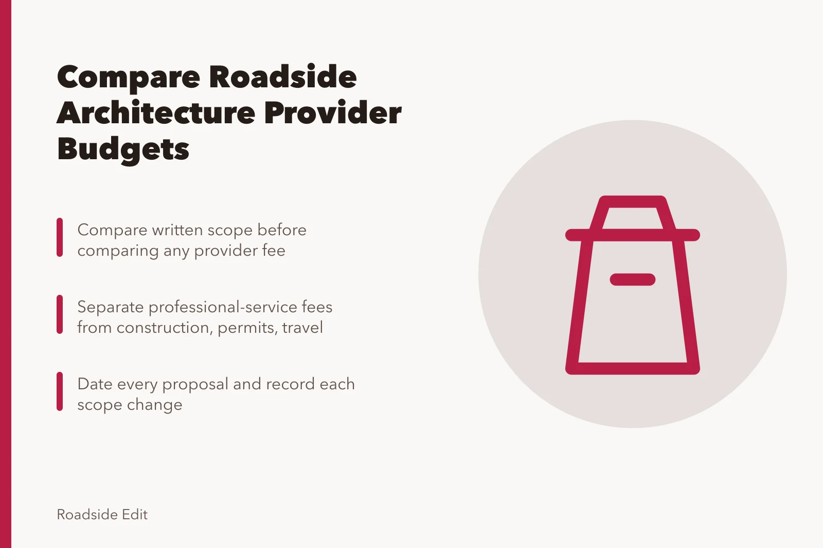 Card comparing roadside architecture provider budget scope, fees, and dated proposals. How to compare a roadside architecture provider budget before you sign