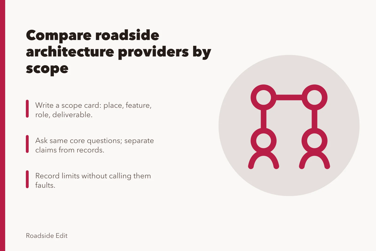 Checklist for comparing roadside architecture providers by scope and evidence. Roadside architecture provider checklist: how to compare scope and evidence
