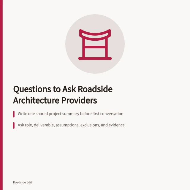 Card listing questions to ask roadside architecture providers before comparing fees. Roadside architecture provider questions to ask before you compare fees