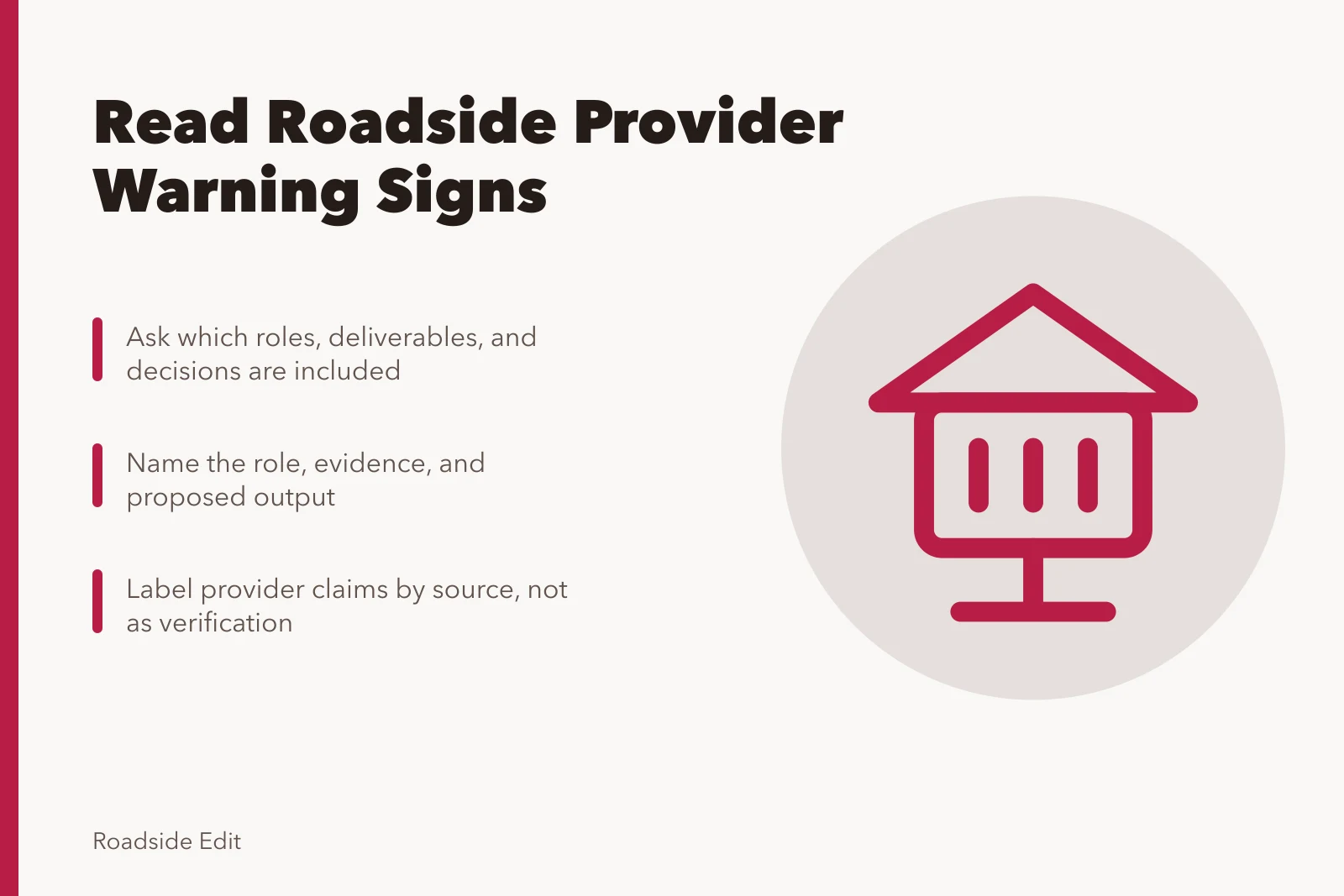 Card about spotting vague roadside architecture provider warning signs. How to read roadside architecture provider warning signs before you hire
