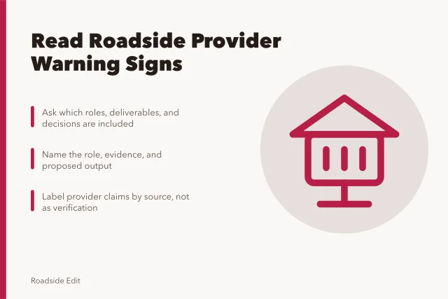 Card about spotting vague roadside architecture provider warning signs. How to read roadside architecture provider warning signs before you hire