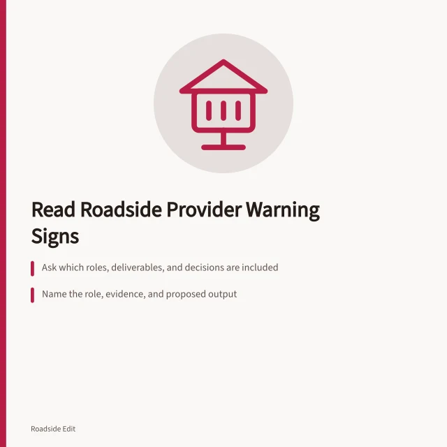 Card about spotting vague roadside architecture provider warning signs. How to read roadside architecture provider warning signs before you hire