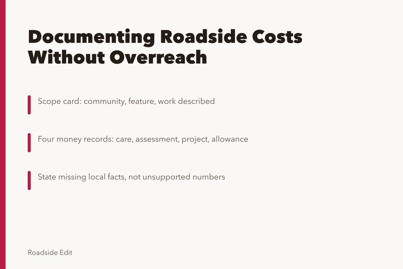 Card on documenting roadside architecture regional budget notes with scope and evidence limits. How to document roadside architecture regional budget notes without overstating the evidence