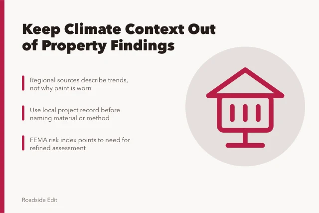 Warning sign icon for separating regional climate context from local property findings. Roadside architecture regional warning signs: keep climate context out of property findings