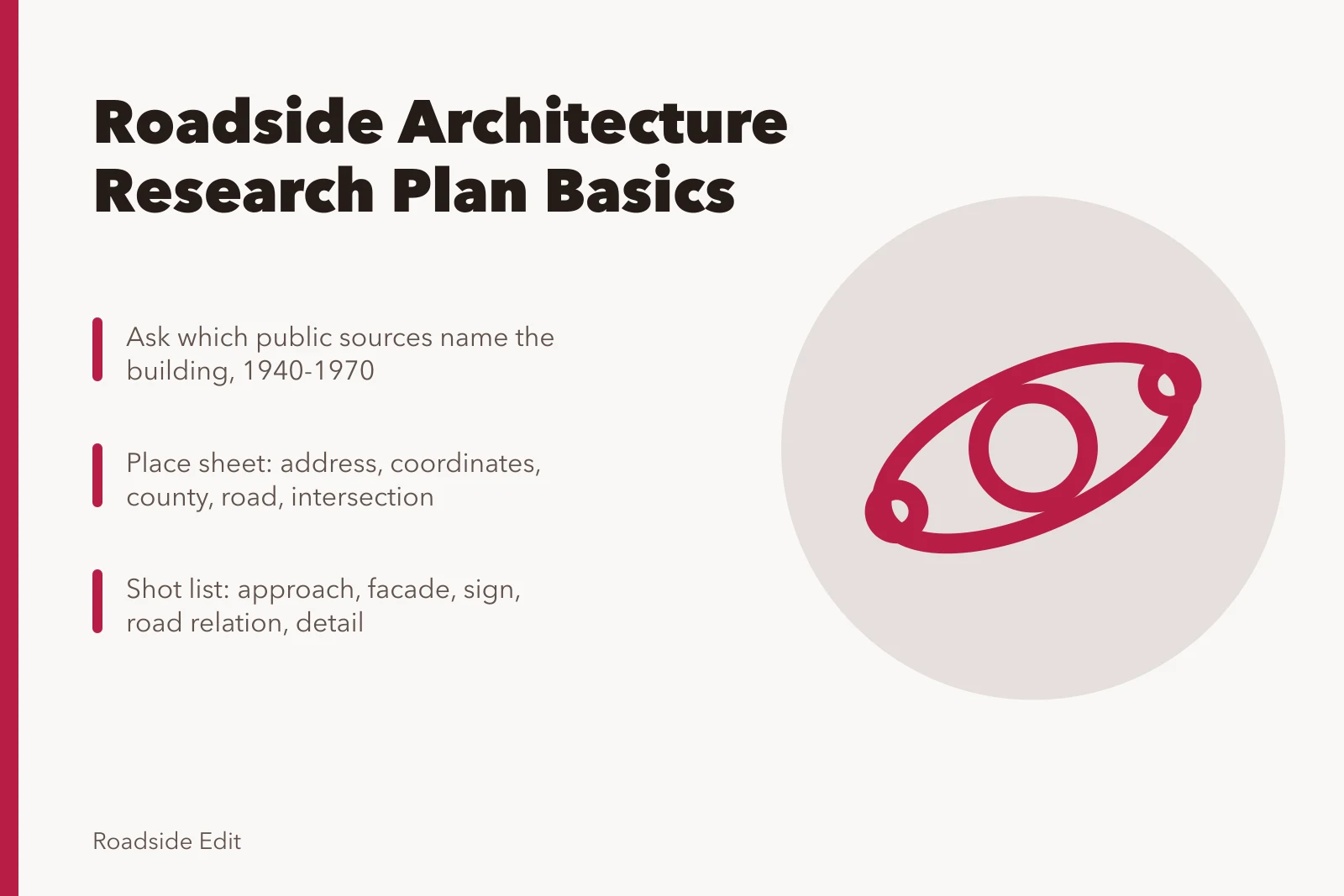 Roadside architecture research plan with place sheet and shot list. How to build a roadside architecture research plan before you start fieldwork