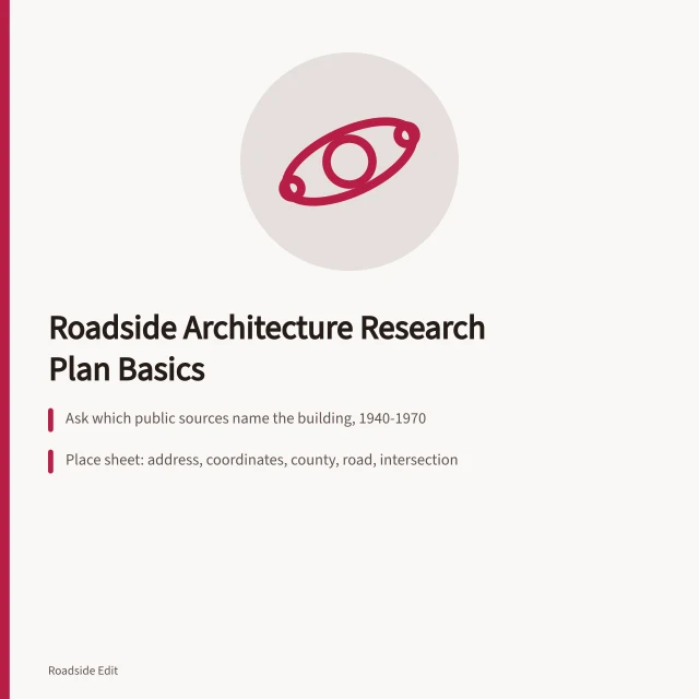 Roadside architecture research plan with place sheet and shot list. How to build a roadside architecture research plan before you start fieldwork