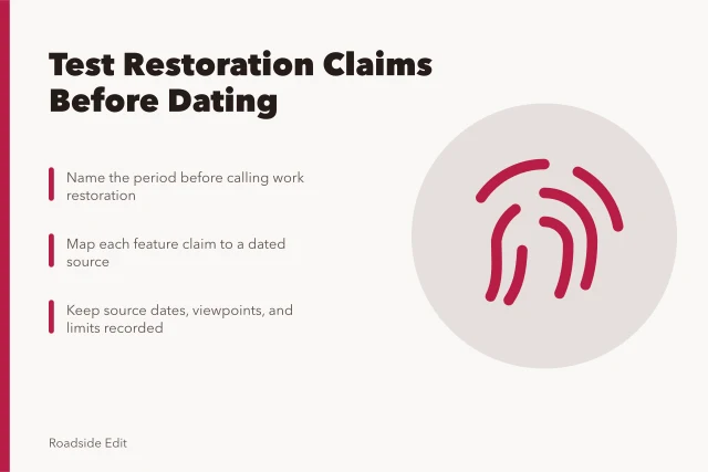 Card listing steps to verify roadside architecture restoration evidence. How to test roadside architecture restoration evidence before you date a building