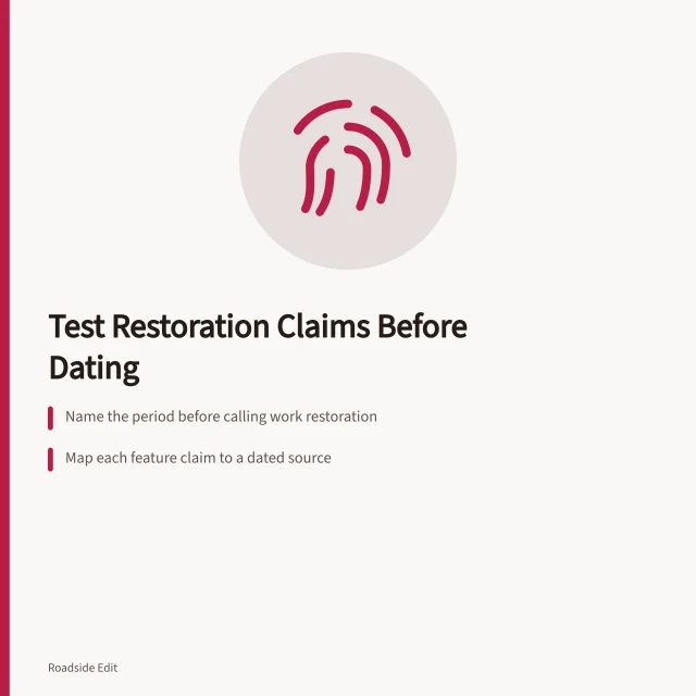 Card listing steps to verify roadside architecture restoration evidence. How to test roadside architecture restoration evidence before you date a building