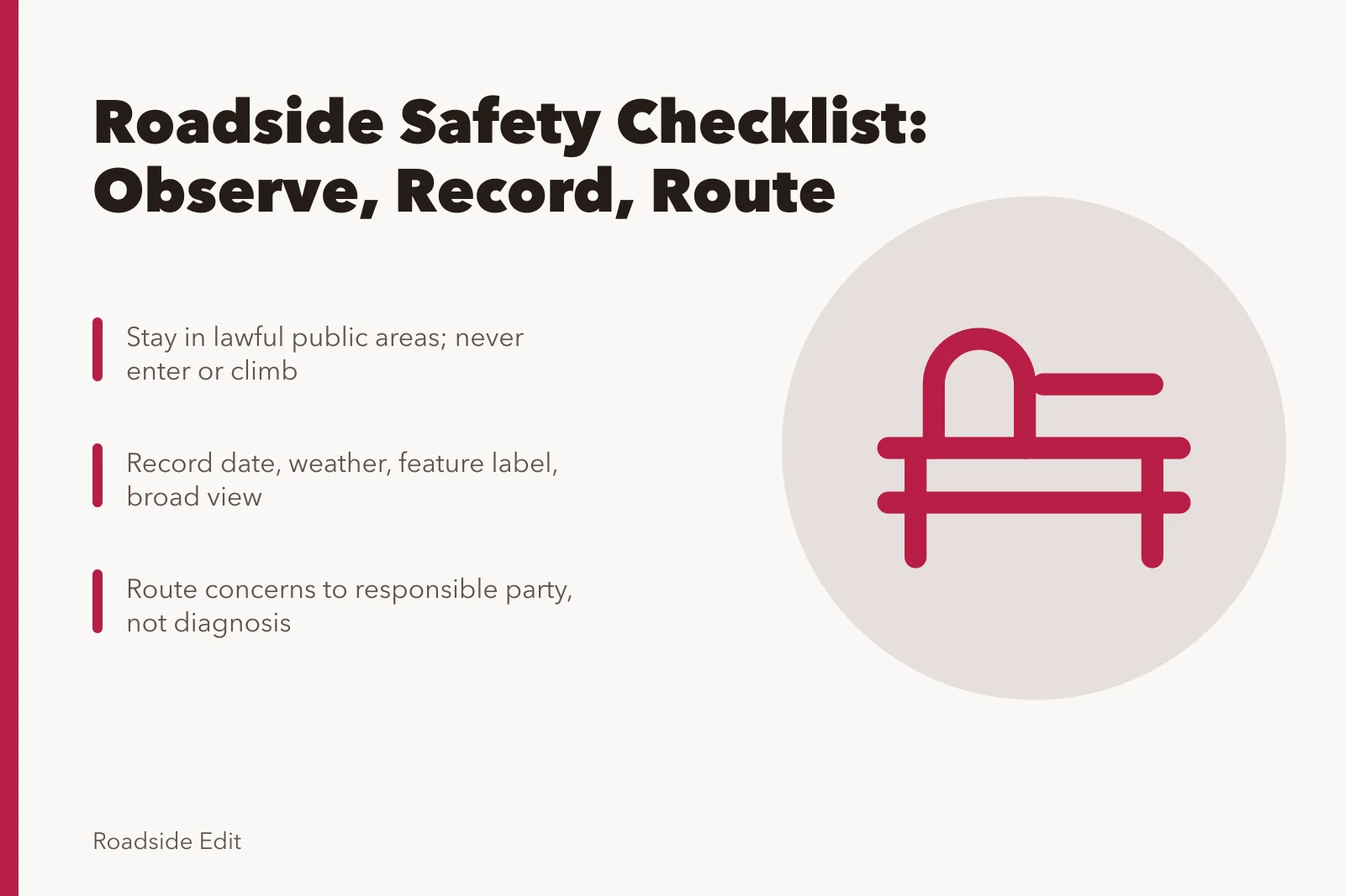 Checklist card for roadside architecture safety observation and reporting. How to build a roadside architecture safety checklist that stays useful