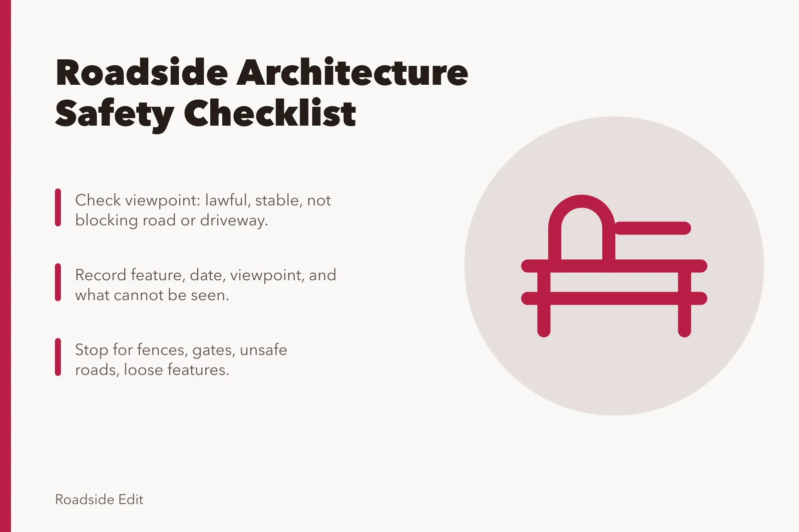 Roadside architecture safety observation checklist with viewpoint and stop rules. Roadside architecture safety observation checklist: what to shoot and when to stop