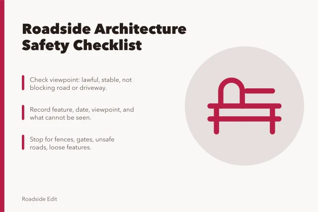 Roadside architecture safety observation checklist with viewpoint and stop rules. Roadside architecture safety observation checklist: what to shoot and when to stop