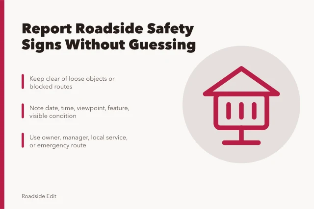Neutral roadside safety sign reporting with distance and responsible routes. How to report roadside architecture safety warning signs without guessing