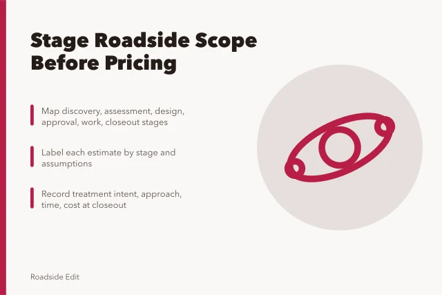 Staged scope map separating roadside architecture estimates by project phase. Roadside architecture scope stages: how to keep early estimates from reading as final