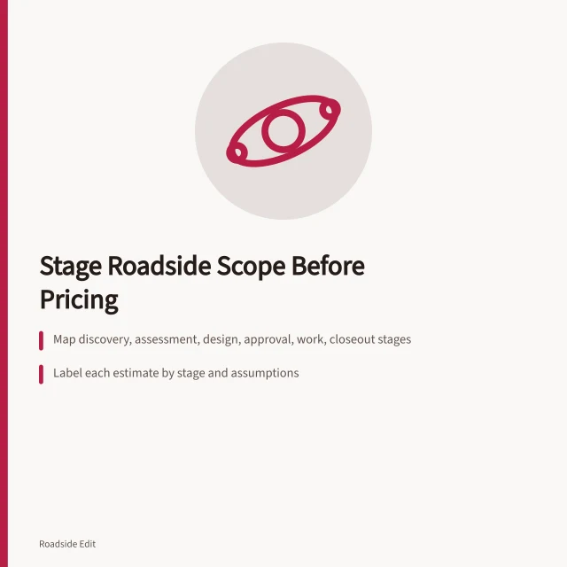 Staged scope map separating roadside architecture estimates by project phase. Roadside architecture scope stages: how to keep early estimates from reading as final
