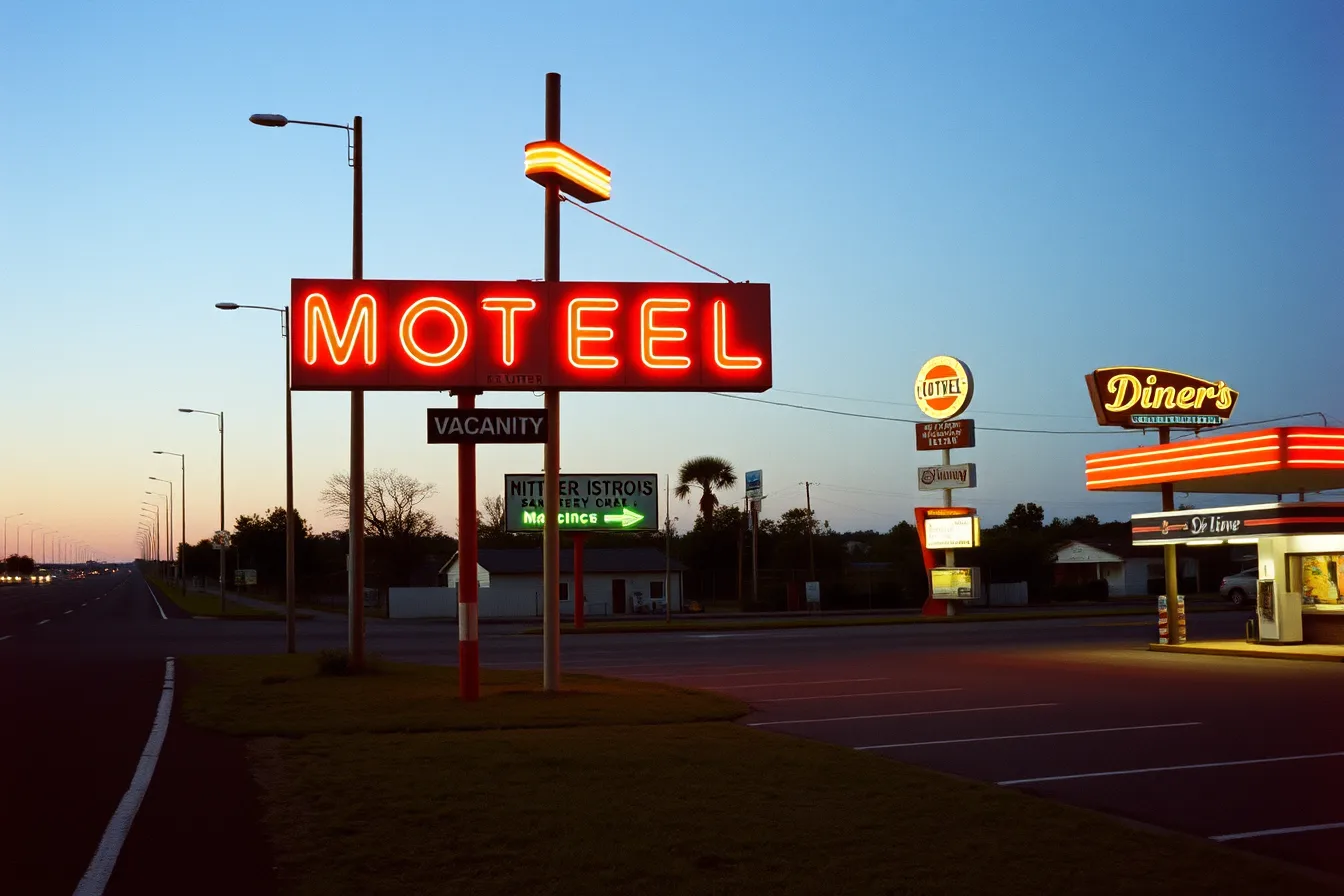 Glowing vintage motel neon sign beside a highway at dusk. How to build a roadside architecture site record guide that lasts
