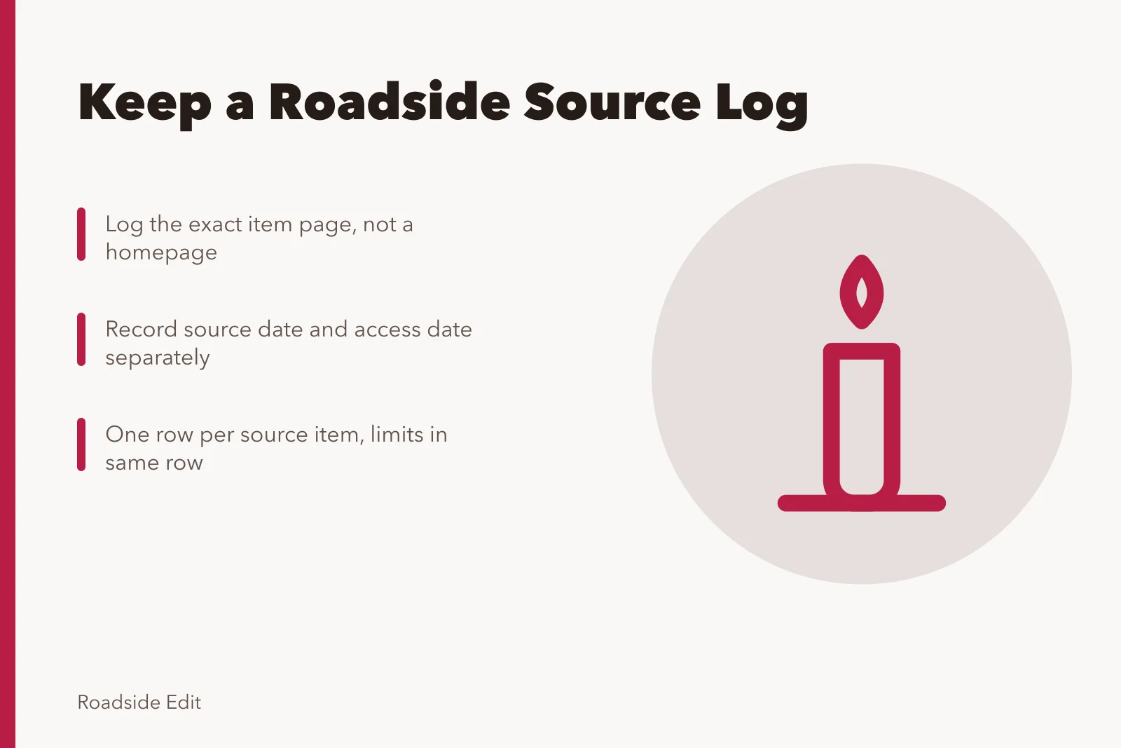 Card about logging roadside architecture sources before publication. How to keep a roadside architecture source log before you publish