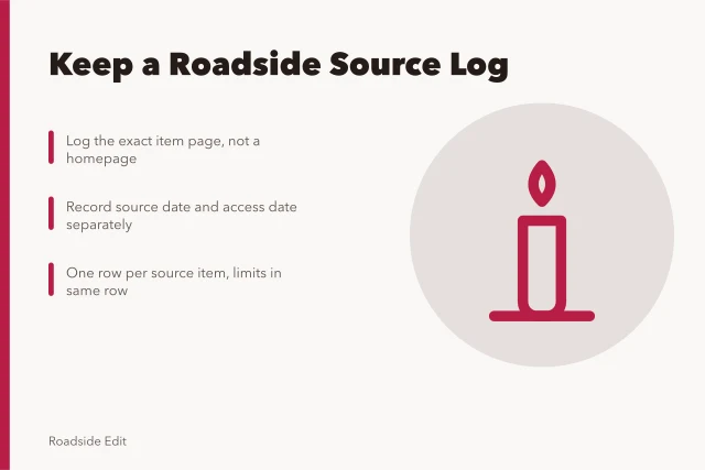 Card about logging roadside architecture sources before publication. How to keep a roadside architecture source log before you publish