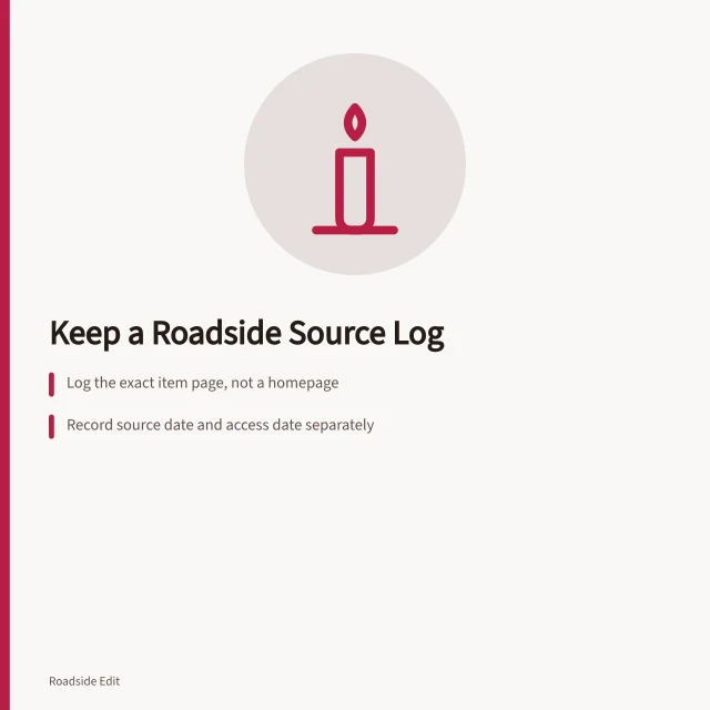 Card about logging roadside architecture sources before publication. How to keep a roadside architecture source log before you publish