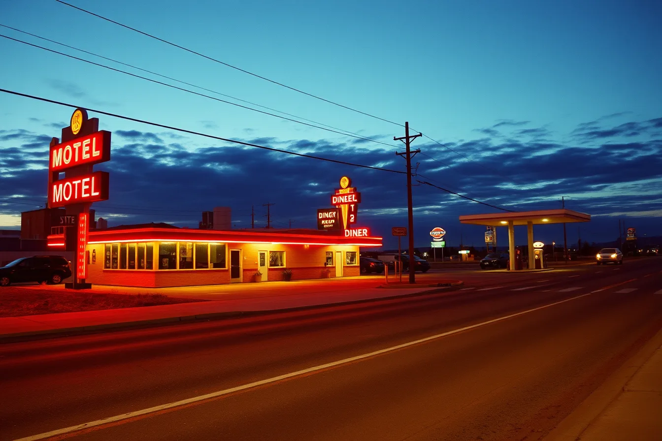 Roadside motel, diner neon sign, and gas station beside a highway at dusk. Roadside architecture survey checklist: how to record a site on your first visit