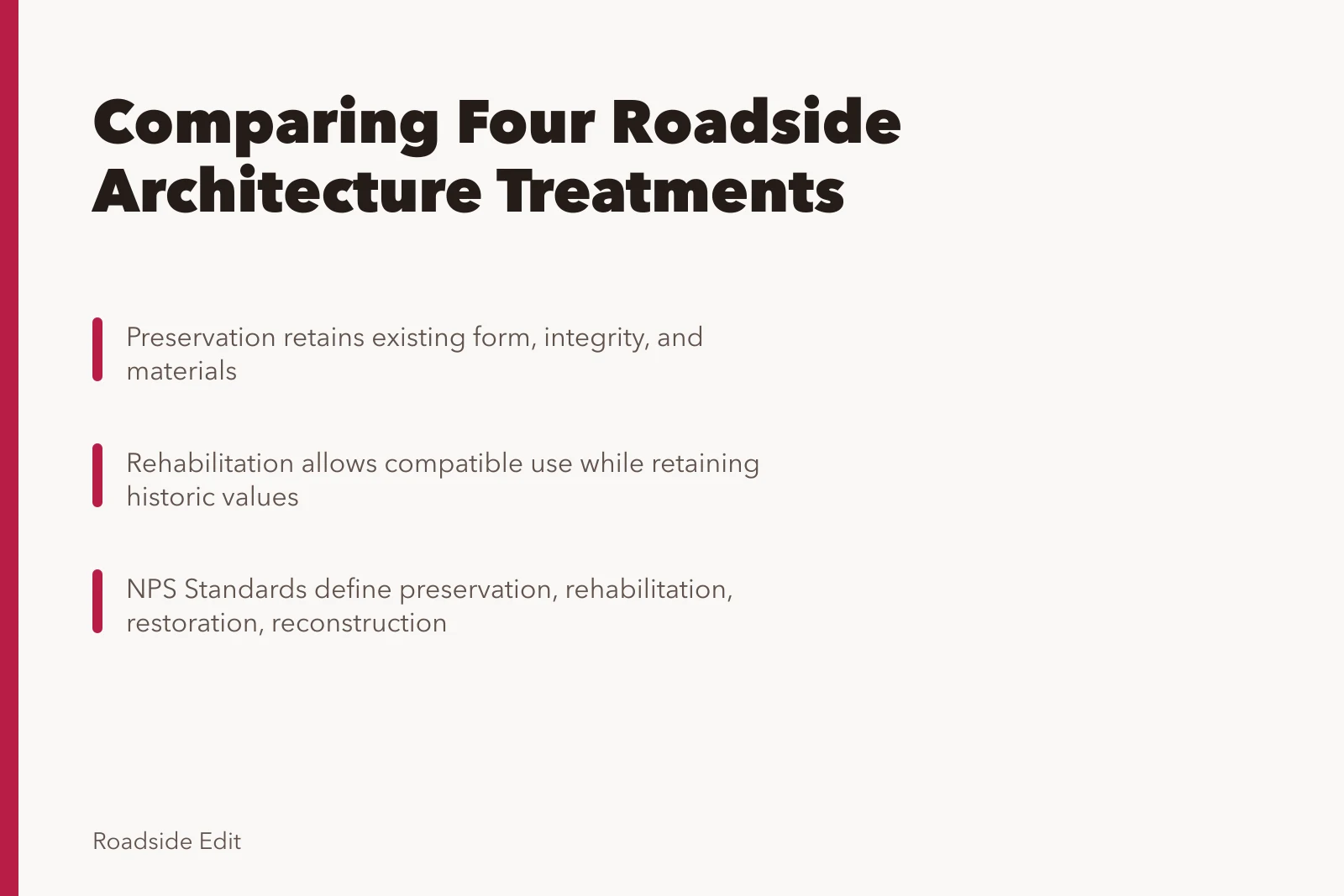 Card comparing four historic treatment approaches for roadside architecture. How to compare roadside architecture treatment options before you choose