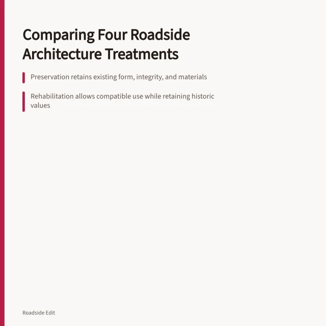 Card comparing four historic treatment approaches for roadside architecture. How to compare roadside architecture treatment options before you choose