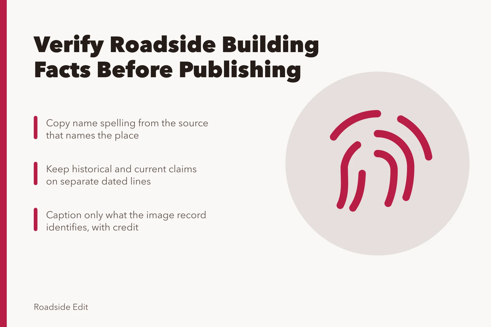 Checklist card for verifying roadside building facts before publishing. Roadside building basics checklist: verify facts before you publish