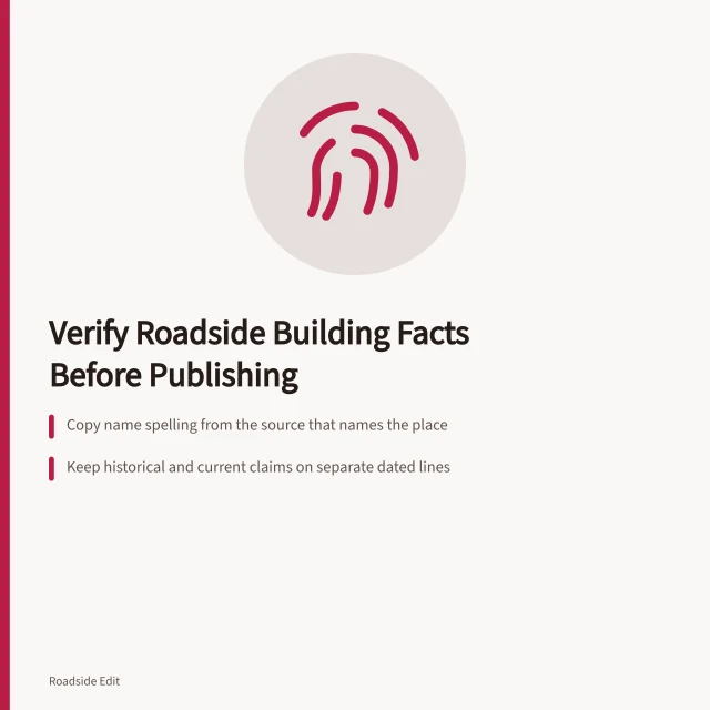 Checklist card for verifying roadside building facts before publishing. Roadside building basics checklist: verify facts before you publish