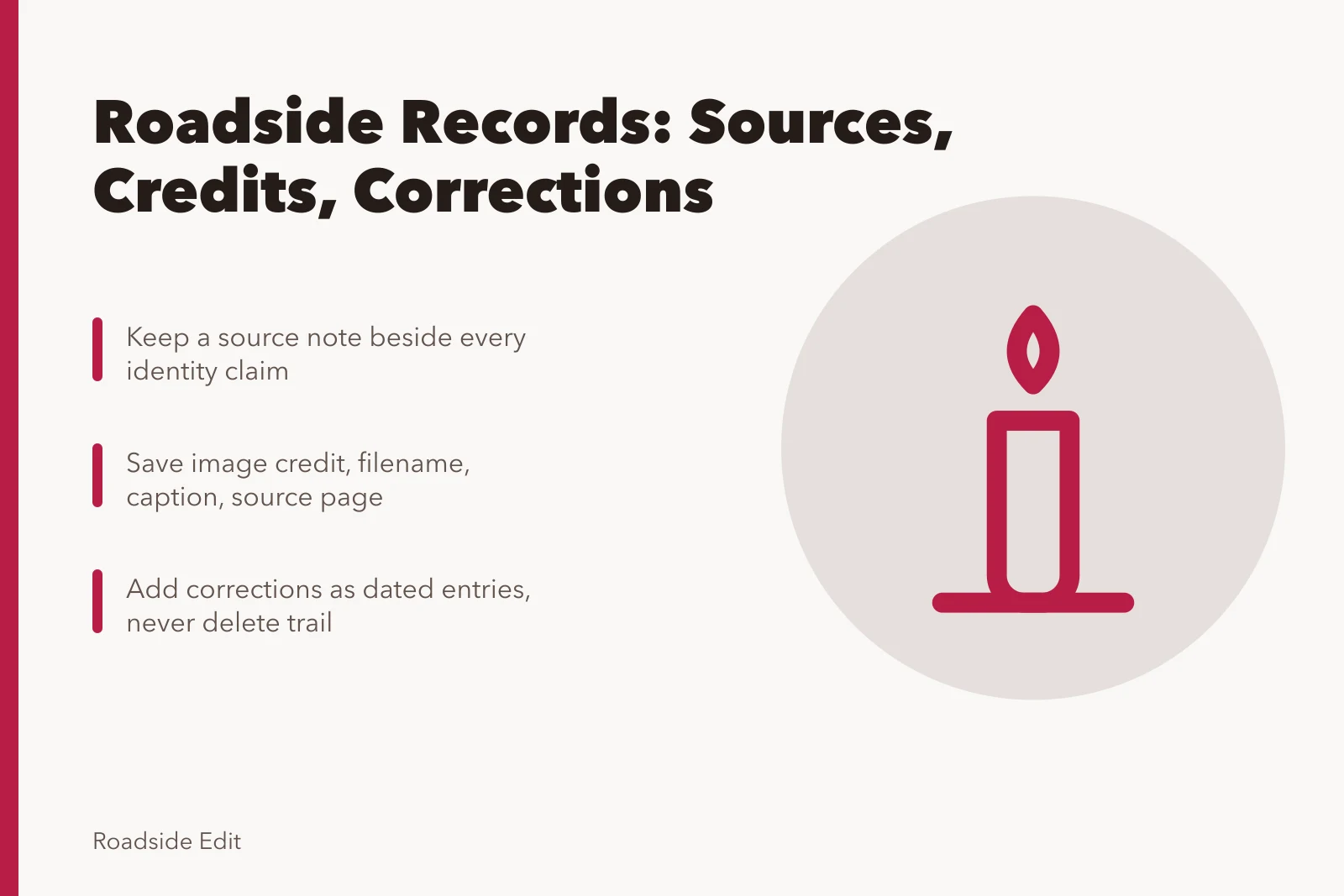 Archive icon for roadside building records, sources, credits, and corrections. How to keep roadside building basics records straight and citable