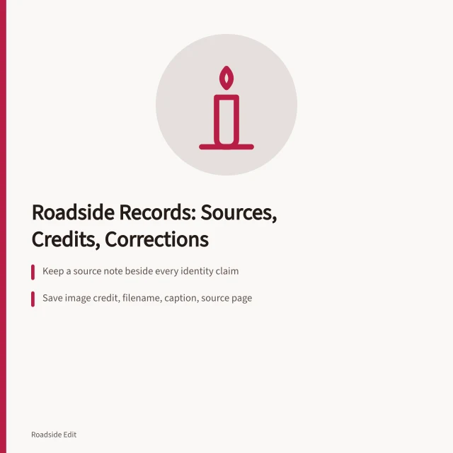 Archive icon for roadside building records, sources, credits, and corrections. How to keep roadside building basics records straight and citable