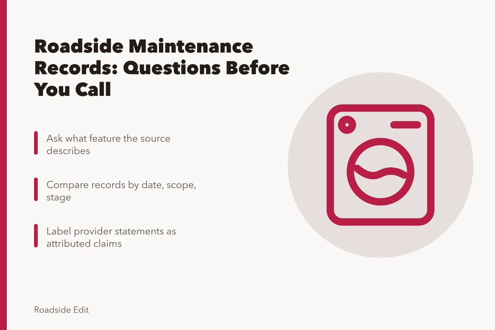 Checklist card for comparing roadside building maintenance records and claims. Roadside building maintenance plan comparison questions before you call