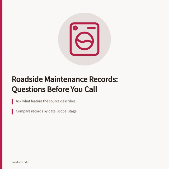 Checklist card for comparing roadside building maintenance records and claims. Roadside building maintenance plan comparison questions before you call