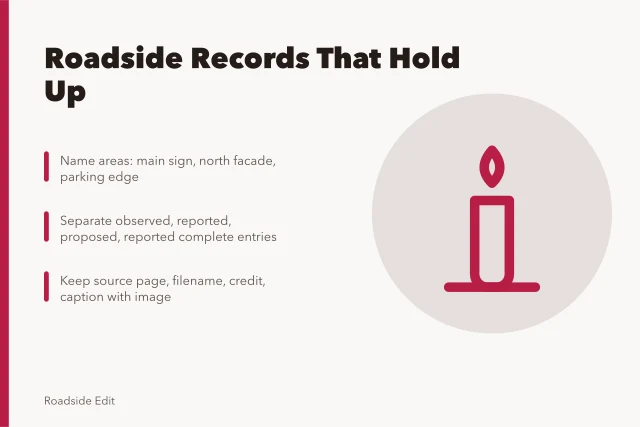 Card on keeping roadside building care records with dated entries and sources. How to keep roadside building care records that hold up to review