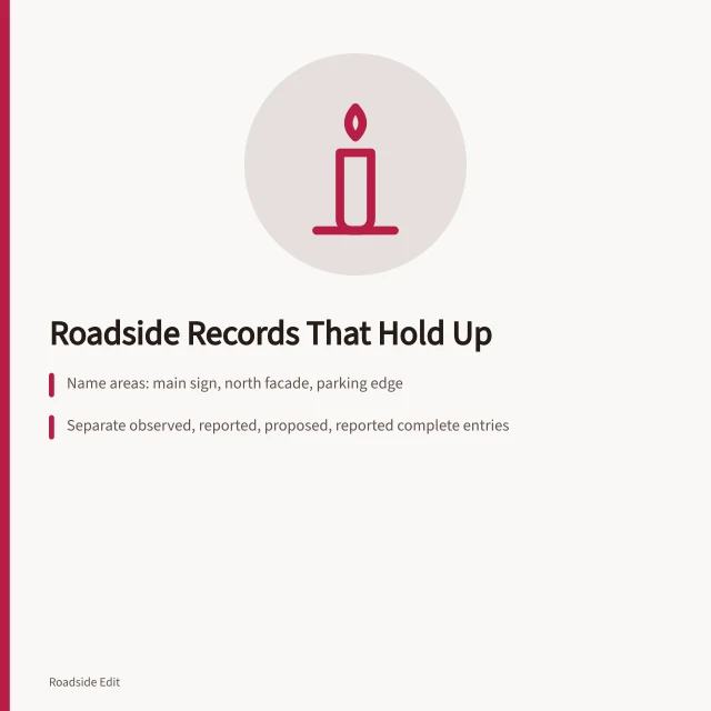 Card on keeping roadside building care records with dated entries and sources. How to keep roadside building care records that hold up to review