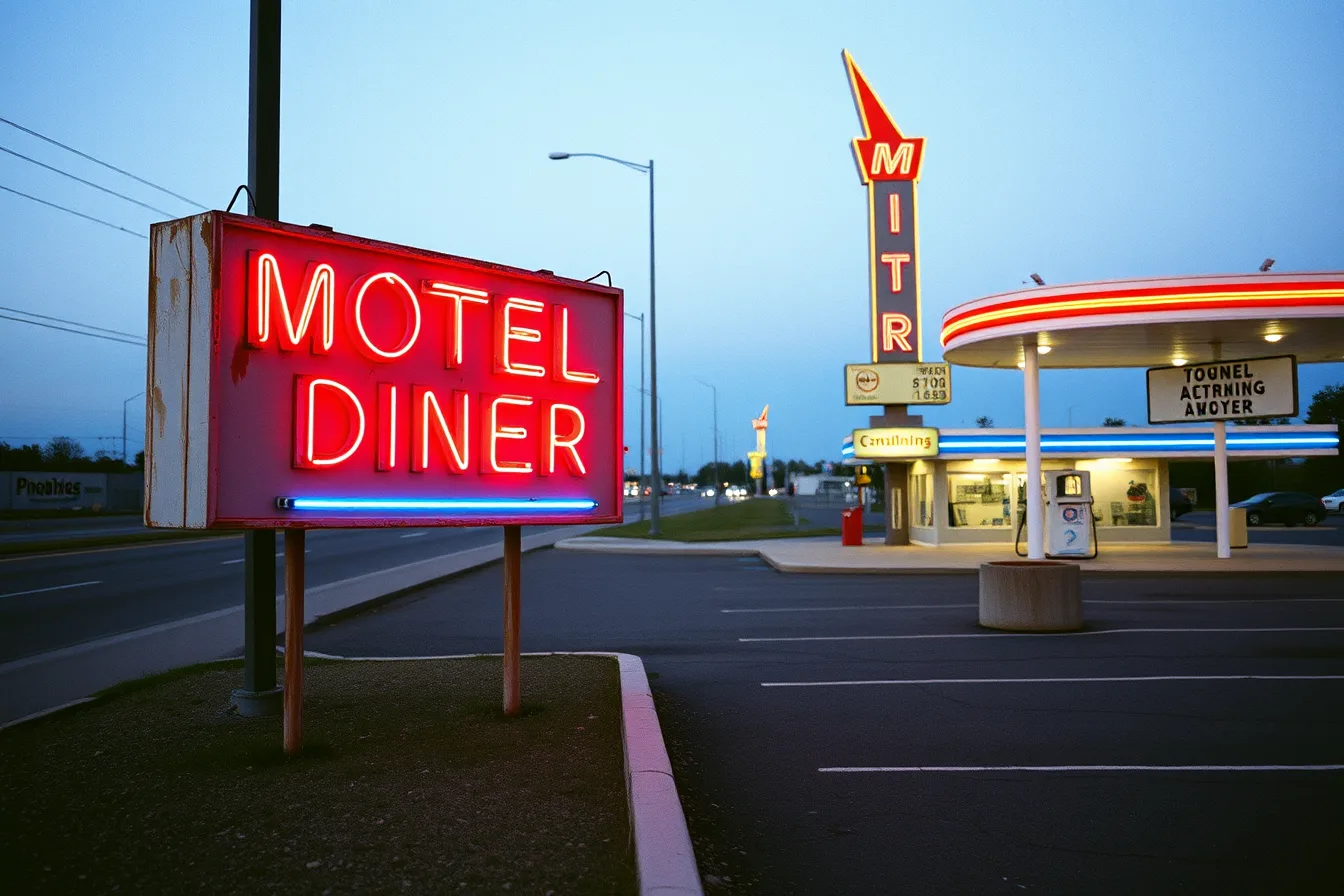 Weathered roadside motel diner neon sign glowing at dusk beside a highway. Roadside building case study checklist: how to set scope and test claims