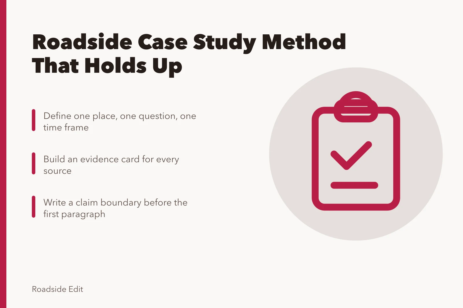 Card outlining a roadside building case study method with evidence cards and claim boundaries. How to run a roadside building case study method that holds up