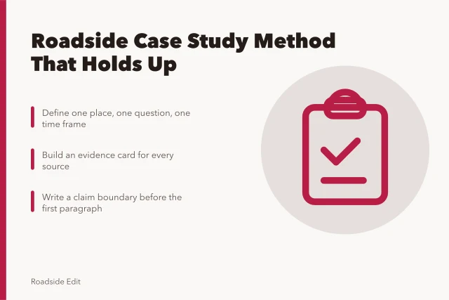 Card outlining a roadside building case study method with evidence cards and claim boundaries. How to run a roadside building case study method that holds up