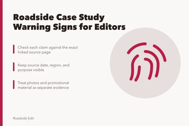 Card listing three editorial checks for roadside building case studies. Roadside building case study warning signs every editor should catch